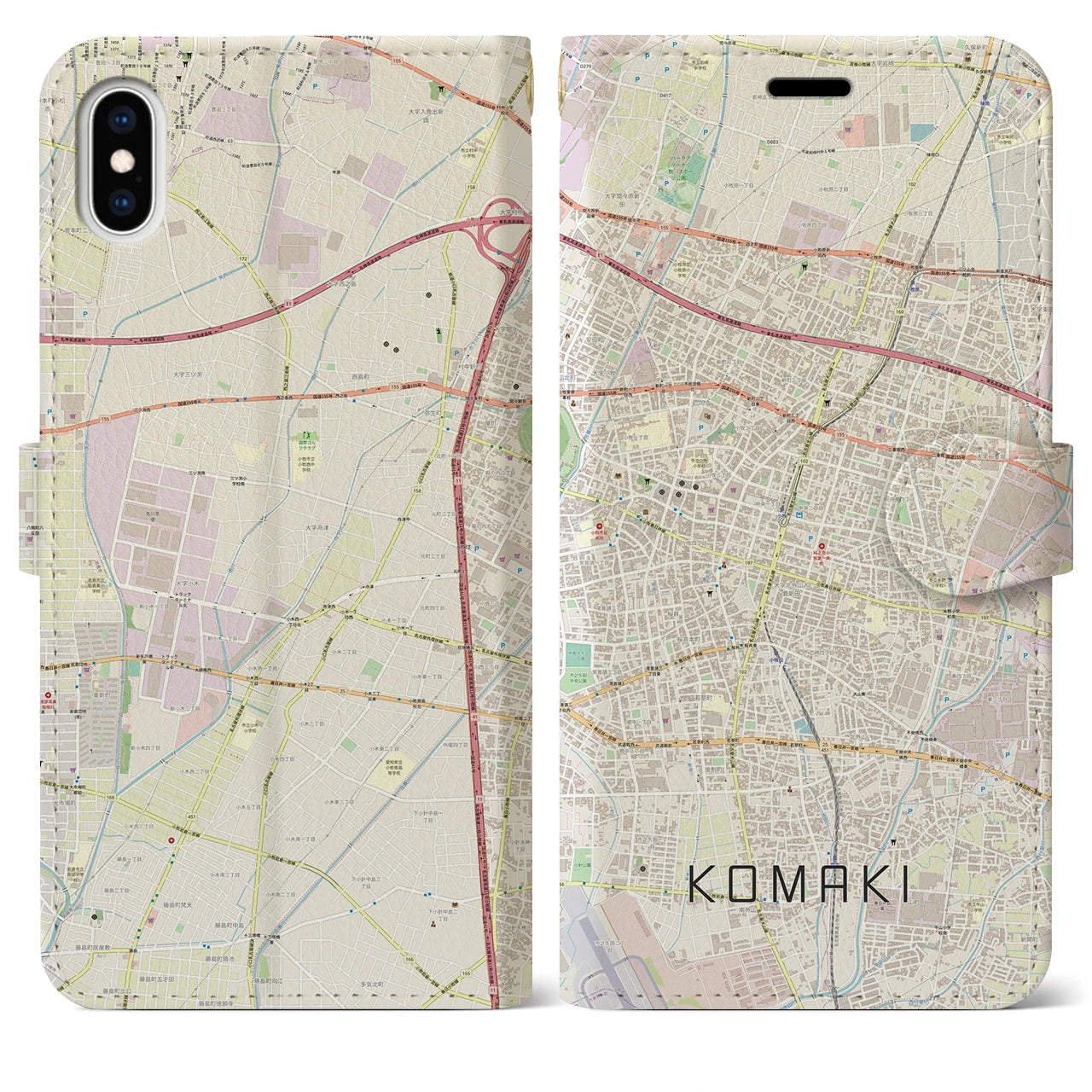 【小牧(愛知県)】地図柄iPhoneケース(手帳タイプ)ナチュラル・iPhone XS Max 用