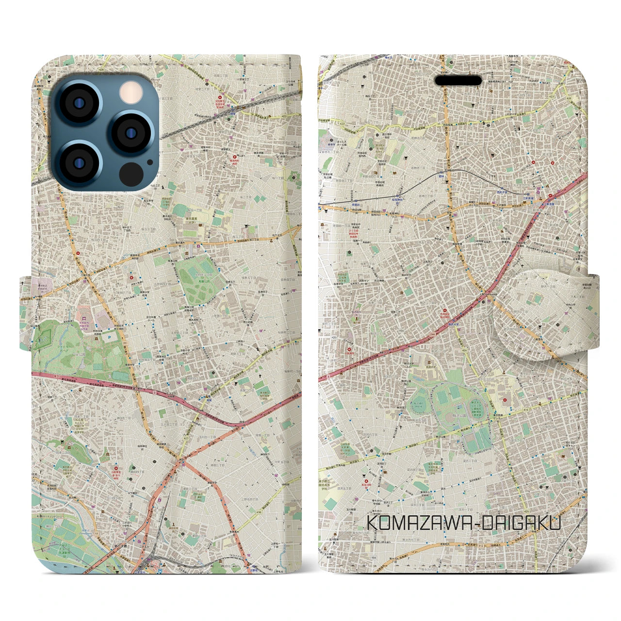 【駒沢大学(東京都)】地図柄iPhoneケース(手帳タイプ)ナチュラル・iPhone 12 / 12 Pro 用