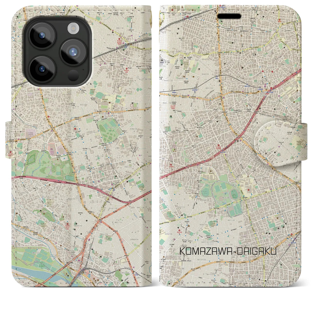 【駒沢大学(東京都)】地図柄iPhoneケース(手帳タイプ)ナチュラル・iPhone 15 Pro Max 用