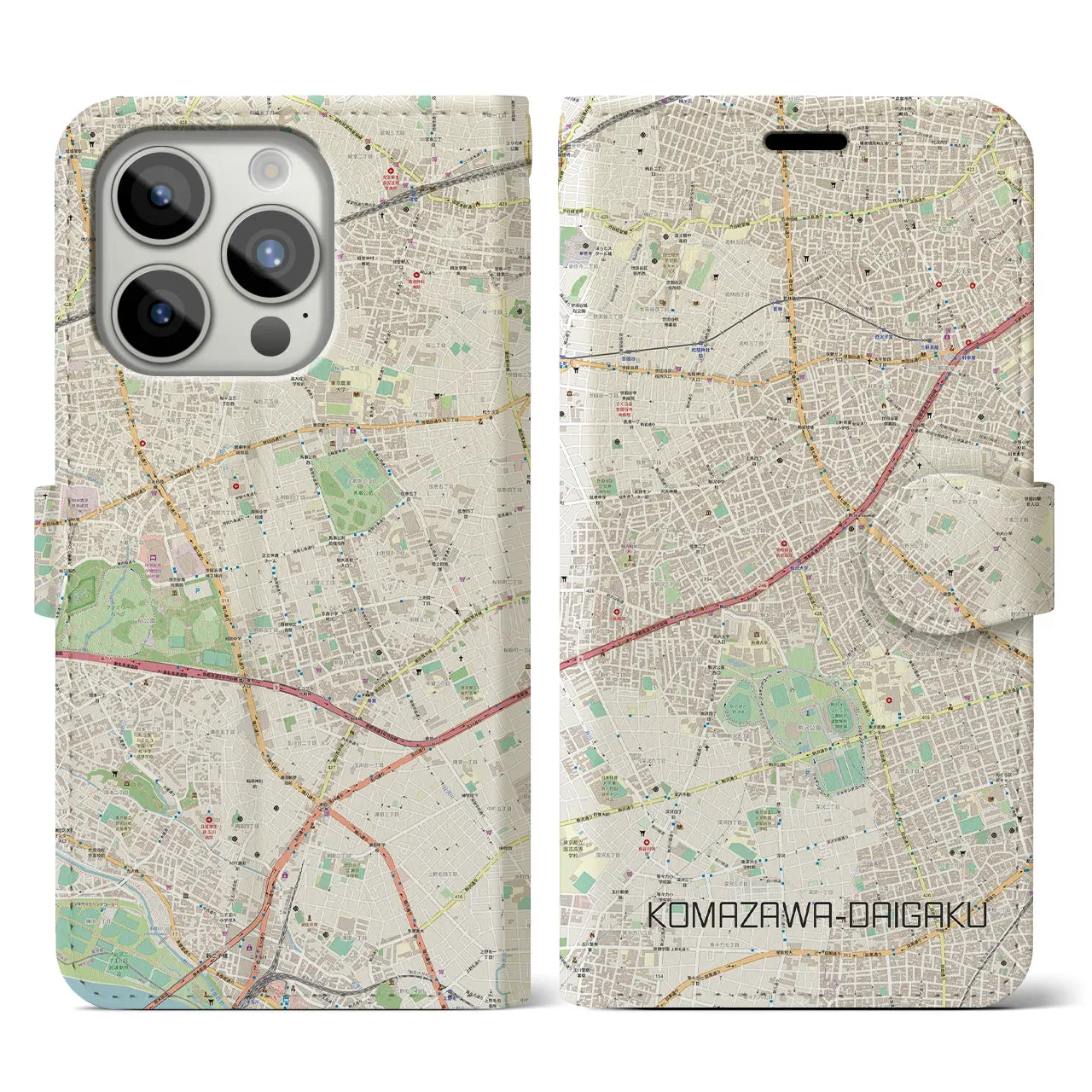 【駒沢大学(東京都)】地図柄iPhoneケース(手帳タイプ)ナチュラル・iPhone 15 Pro 用