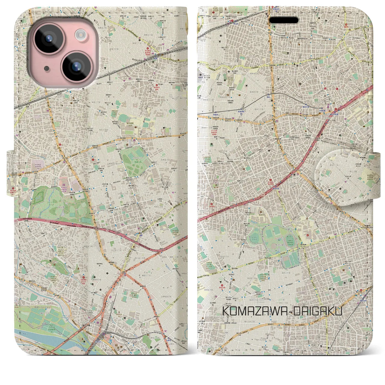 【駒沢大学(東京都)】地図柄iPhoneケース(手帳タイプ)ナチュラル・iPhone 15 Plus 用