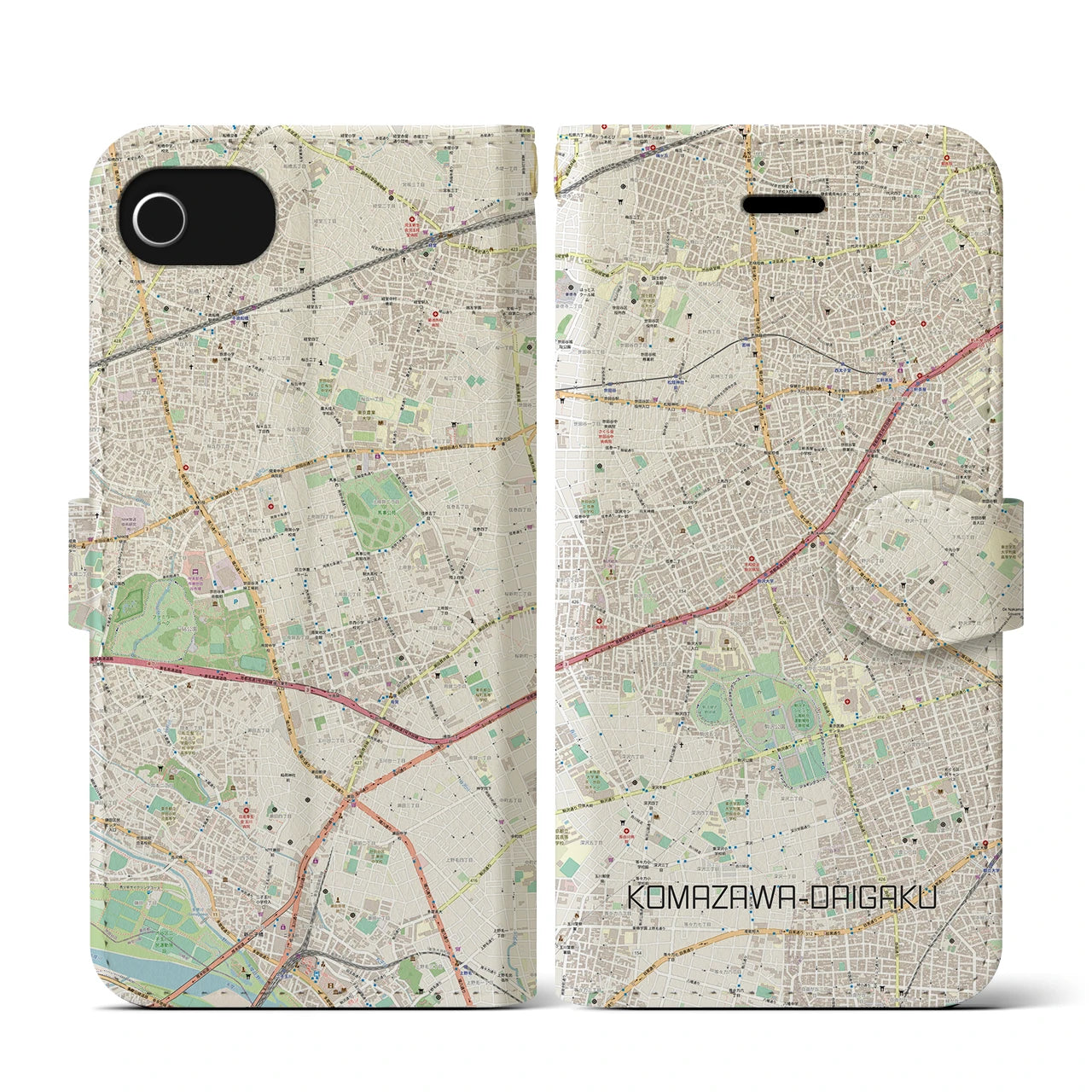 【駒沢大学(東京都)】地図柄iPhoneケース(手帳タイプ)ナチュラル・iPhone SE(第3 / 第2世代) / 8 / 7 / 6s / 6 用
