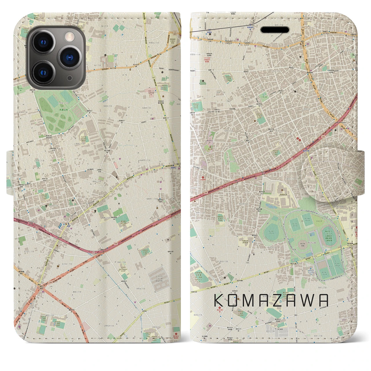 【駒沢(東京都)】地図柄iPhoneケース(手帳タイプ)ナチュラル・iPhone 11 Pro Max 用