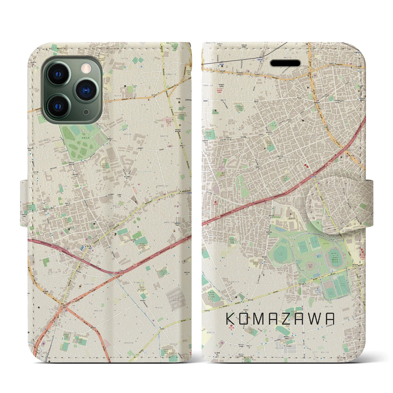 【駒沢(東京都)】地図柄iPhoneケース(手帳タイプ)ナチュラル・iPhone 11 Pro 用