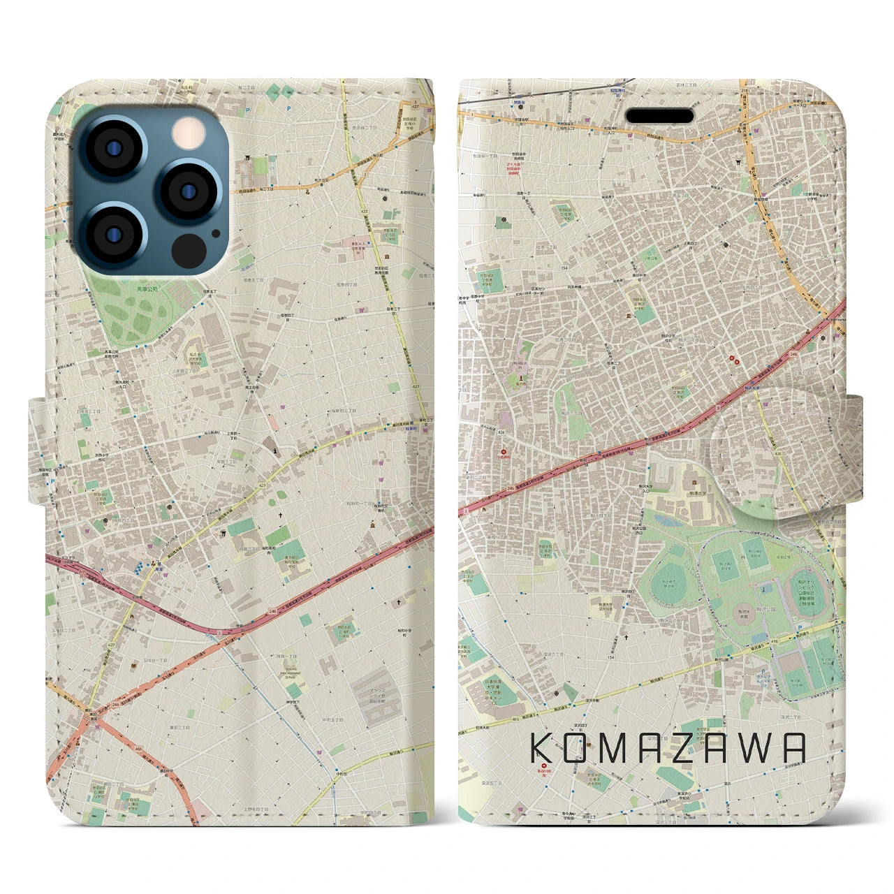 【駒沢(東京都)】地図柄iPhoneケース(手帳タイプ)ナチュラル・iPhone 12 / 12 Pro 用