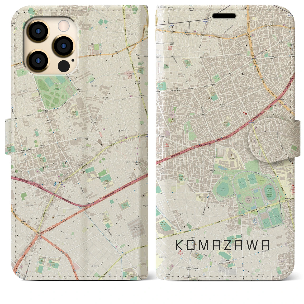 【駒沢(東京都)】地図柄iPhoneケース(手帳タイプ)ナチュラル・iPhone 12 Pro Max 用