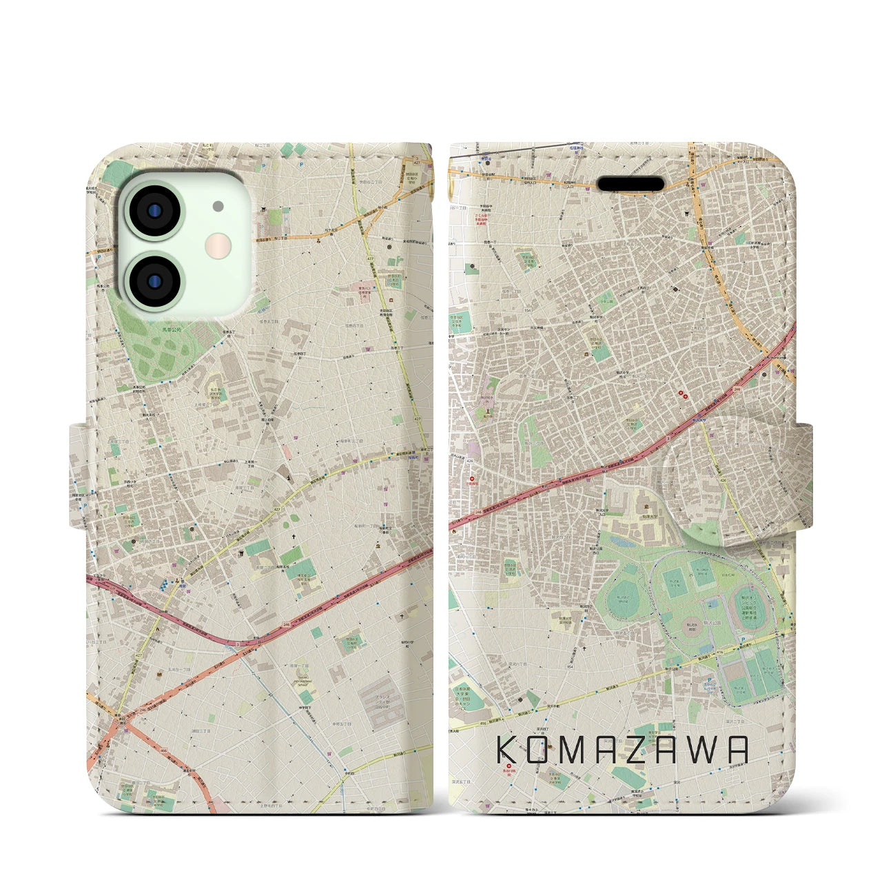 【駒沢(東京都)】地図柄iPhoneケース(手帳タイプ)ナチュラル・iPhone 12 mini 用