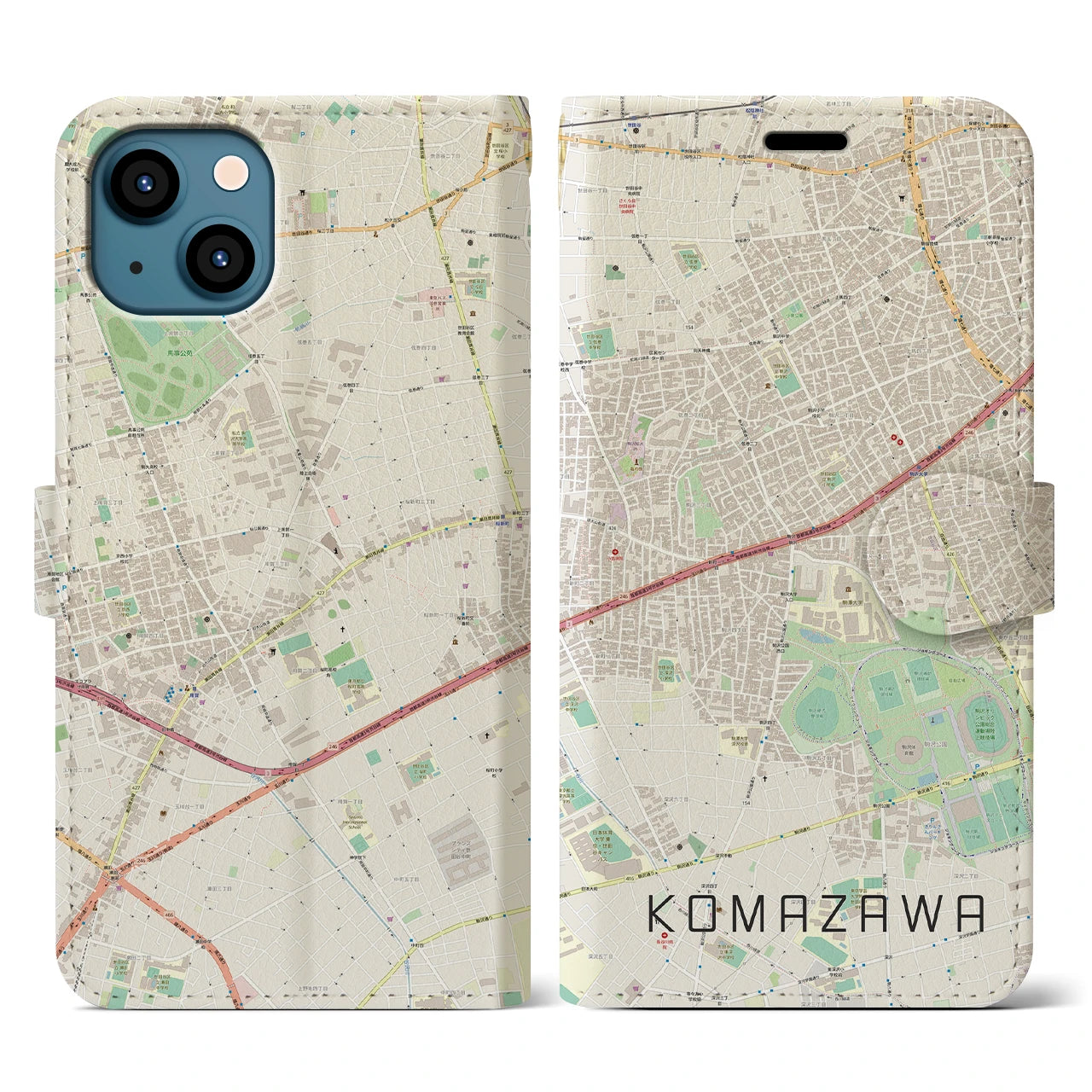 【駒沢(東京都)】地図柄iPhoneケース(手帳タイプ)ナチュラル・iPhone 13 用