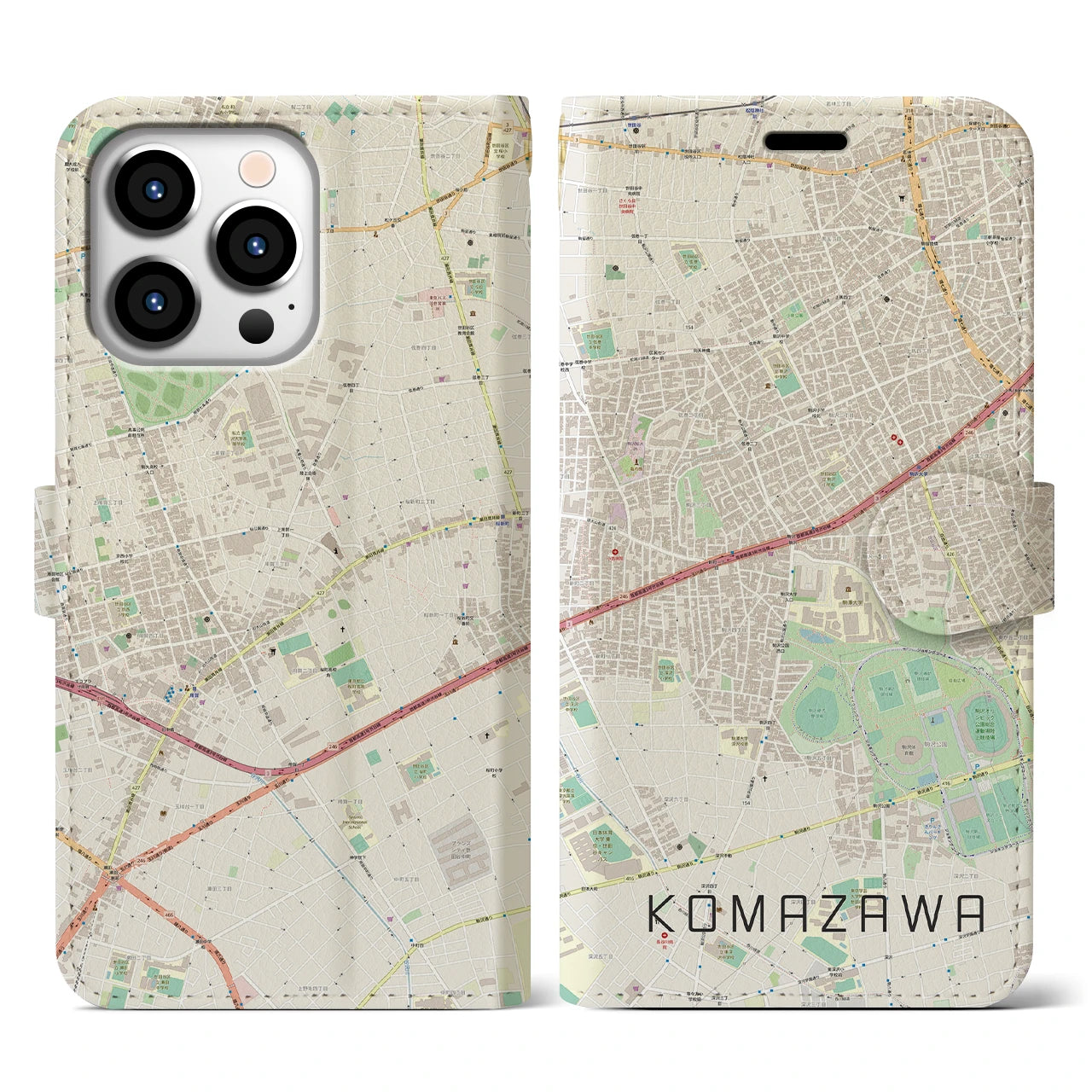 【駒沢(東京都)】地図柄iPhoneケース(手帳タイプ)ナチュラル・iPhone 13 Pro 用