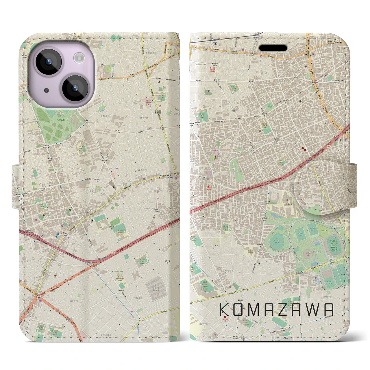 【駒沢(東京都)】地図柄iPhoneケース(手帳タイプ)ナチュラル・iPhone 14 用