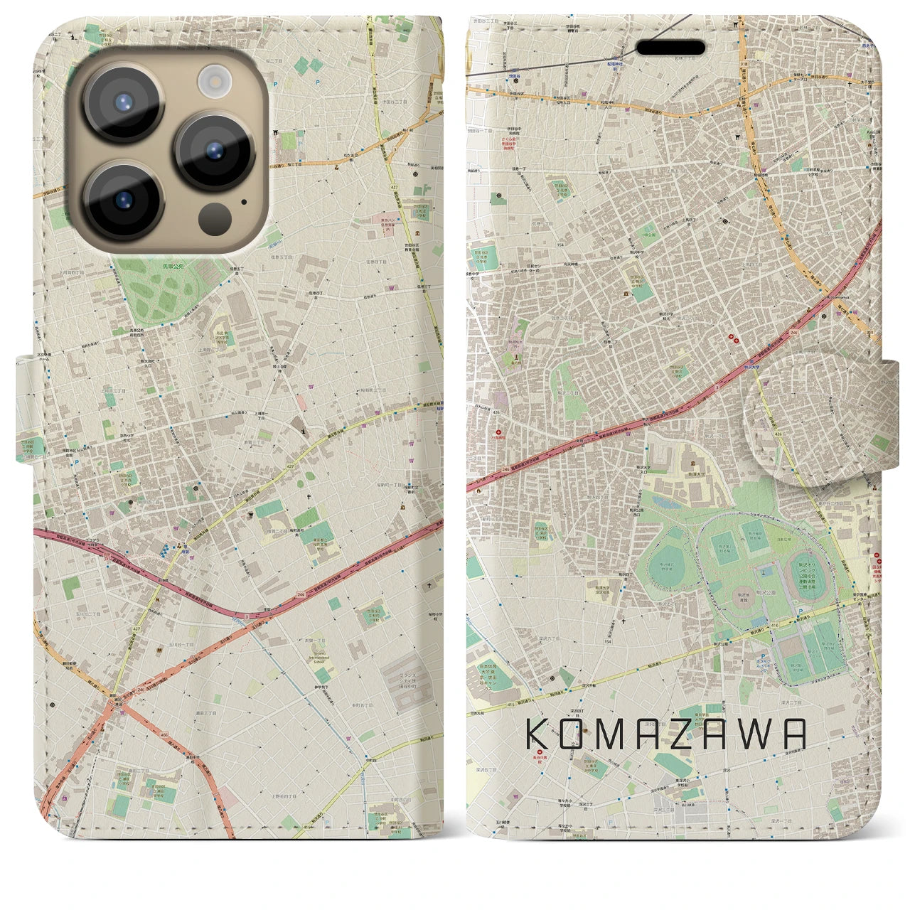 【駒沢(東京都)】地図柄iPhoneケース(手帳タイプ)ナチュラル・iPhone 14 Pro Max 用