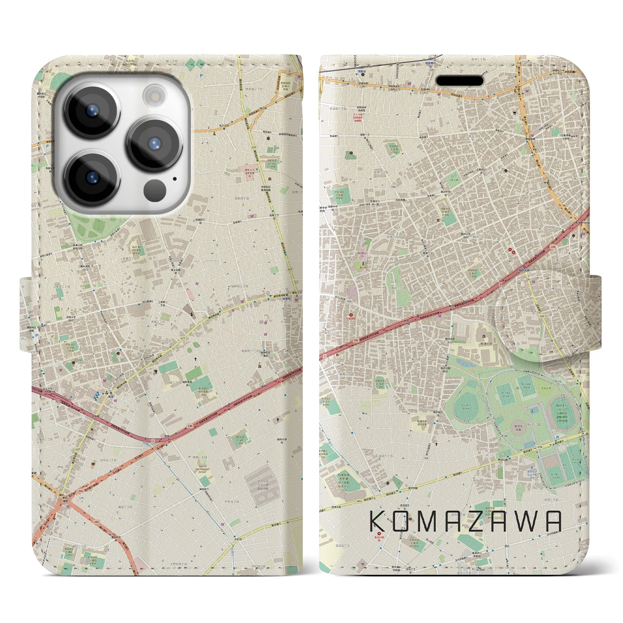 【駒沢(東京都)】地図柄iPhoneケース(手帳タイプ)ナチュラル・iPhone 14 Pro 用