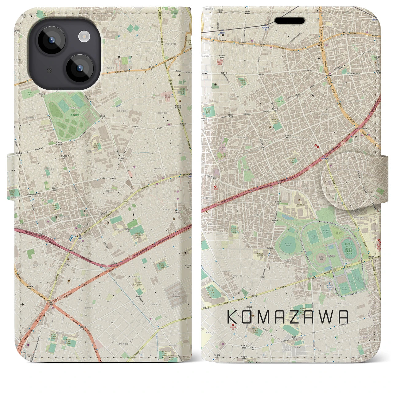 【駒沢(東京都)】地図柄iPhoneケース(手帳タイプ)ナチュラル・iPhone 14 Plus 用