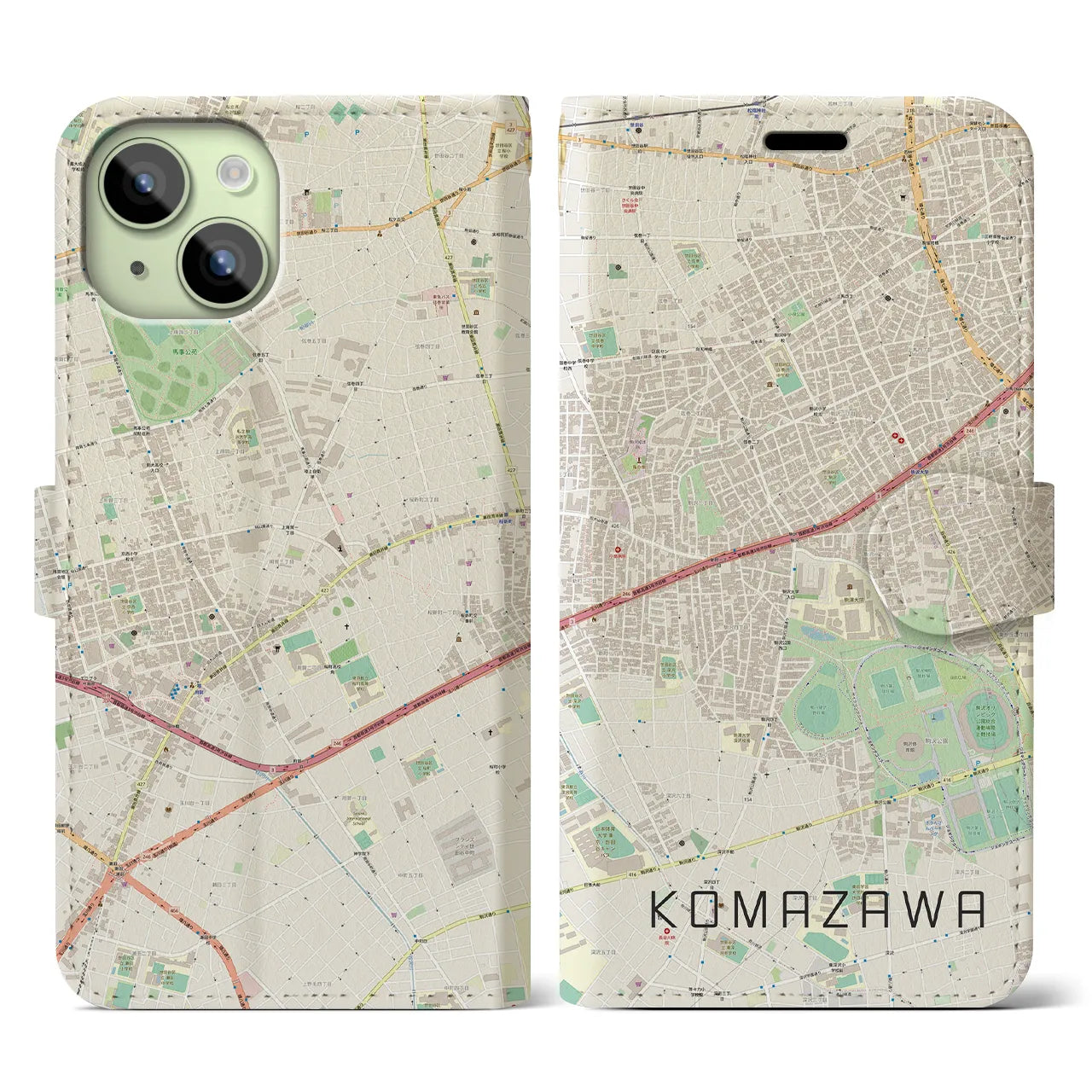 【駒沢(東京都)】地図柄iPhoneケース(手帳タイプ)ナチュラル・iPhone 15 用