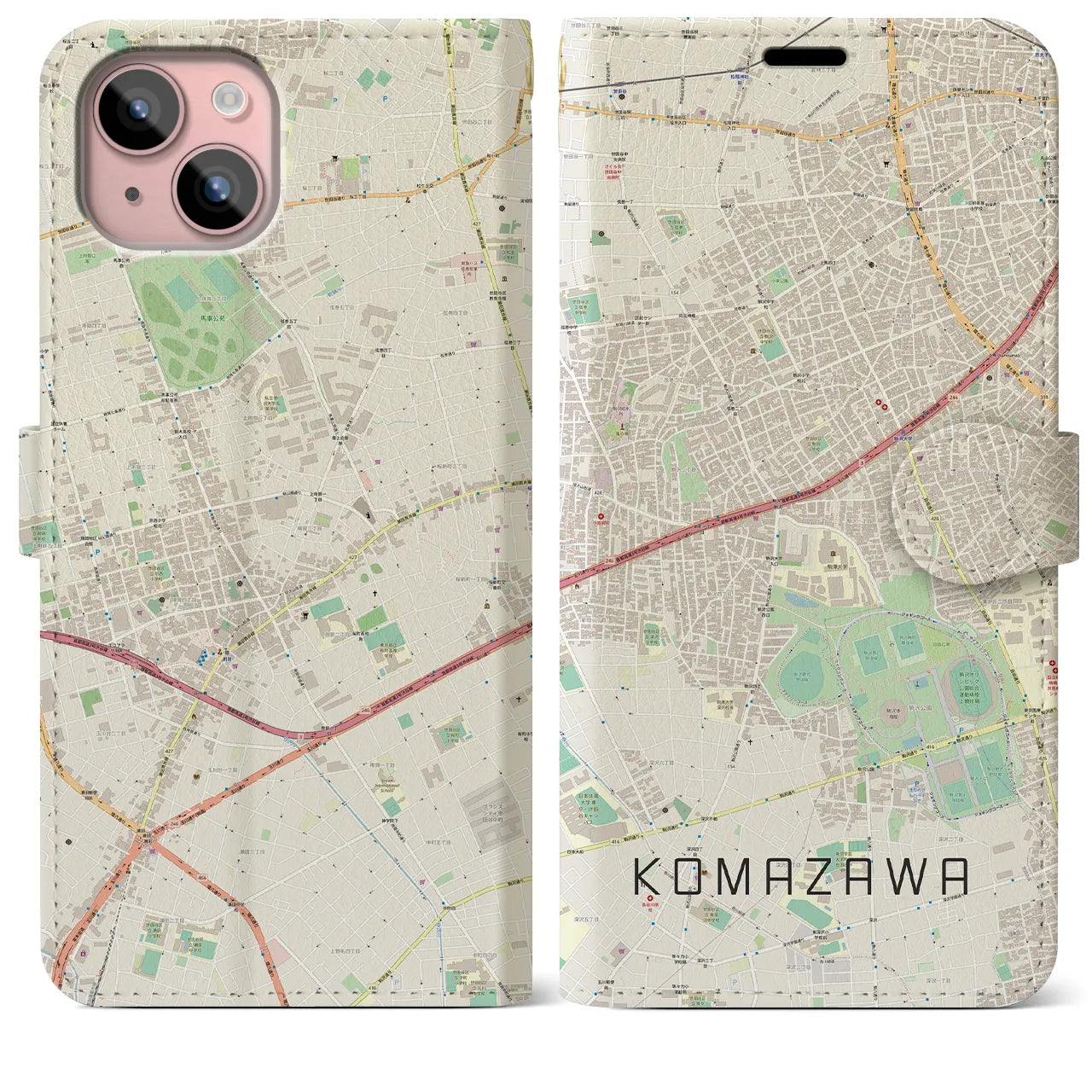 【駒沢(東京都)】地図柄iPhoneケース(手帳タイプ)ナチュラル・iPhone 15 Plus 用