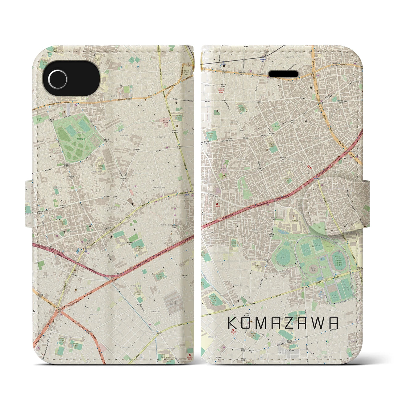 【駒沢(東京都)】地図柄iPhoneケース(手帳タイプ)ナチュラル・iPhone SE(第3 / 第2世代) / 8 / 7 / 6s / 6 用