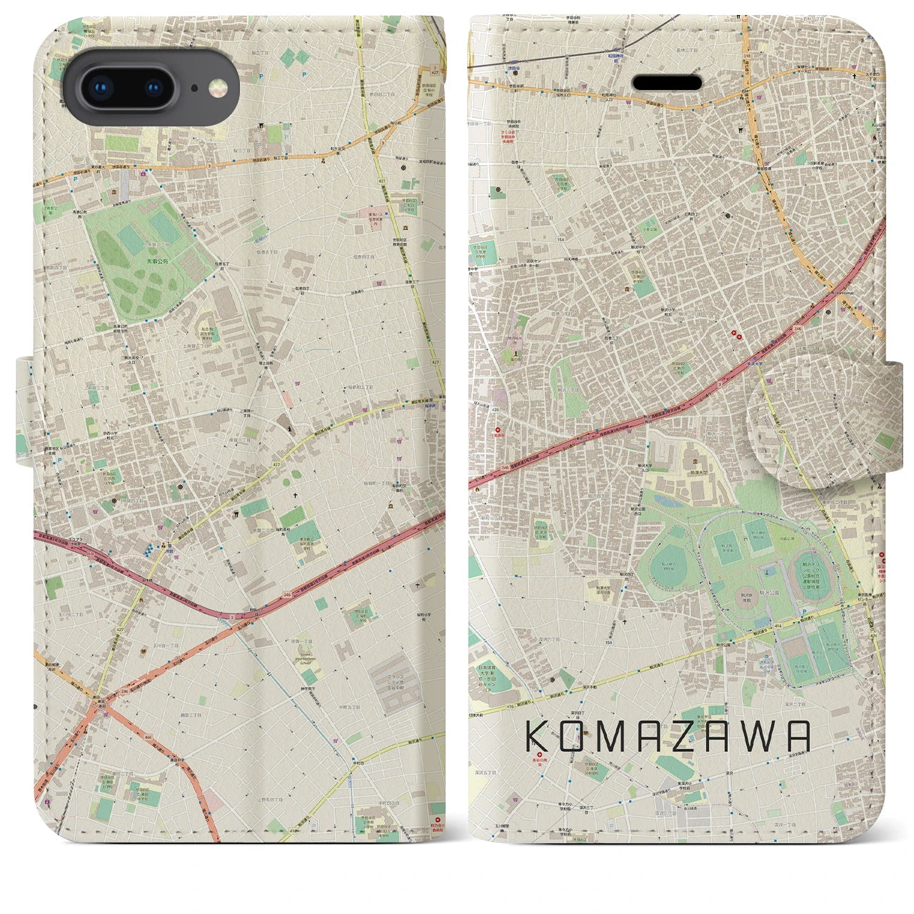 【駒沢(東京都)】地図柄iPhoneケース(手帳タイプ)ナチュラル・iPhone 8Plus /7Plus / 6sPlus / 6Plus 用