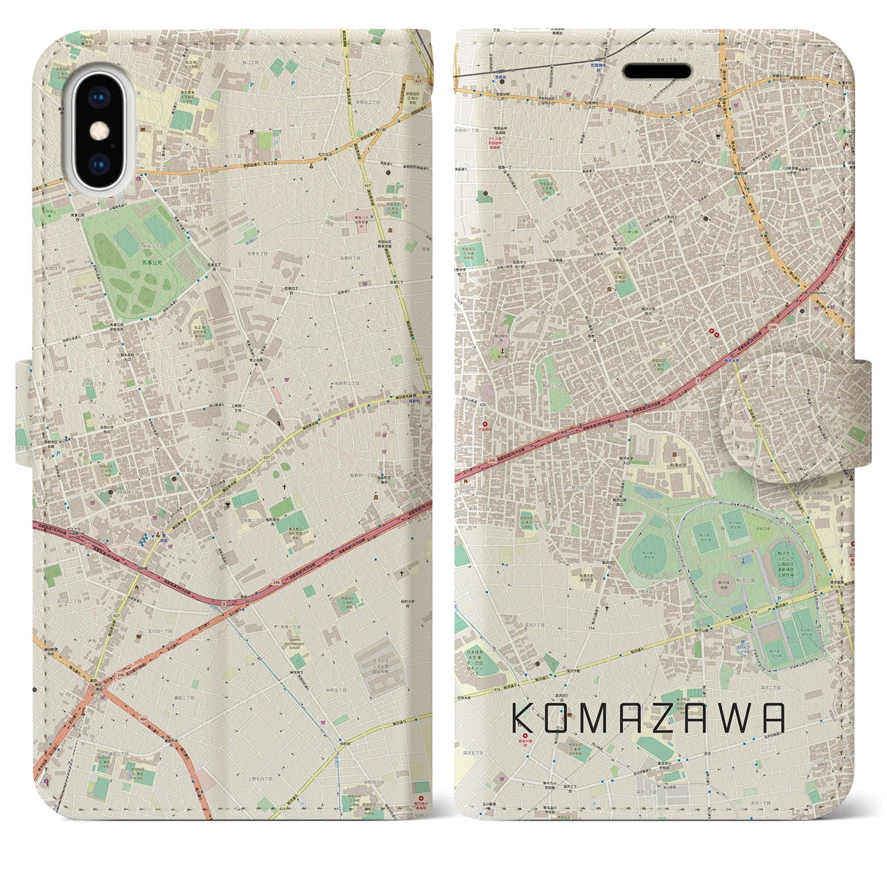 【駒沢(東京都)】地図柄iPhoneケース(手帳タイプ)ナチュラル・iPhone XS Max 用