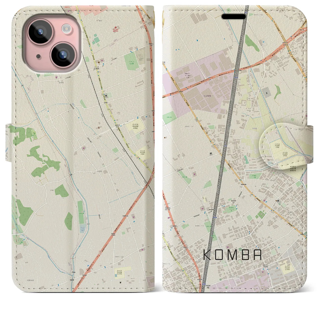 【今羽(埼玉県)】地図柄iPhoneケース(手帳タイプ)ナチュラル・iPhone 15 Plus 用