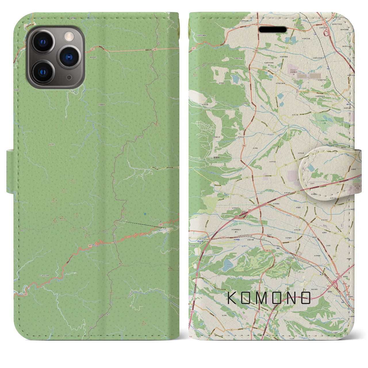 【菰野(三重県)】地図柄iPhoneケース(手帳タイプ)ナチュラル・iPhone 11 Pro Max 用