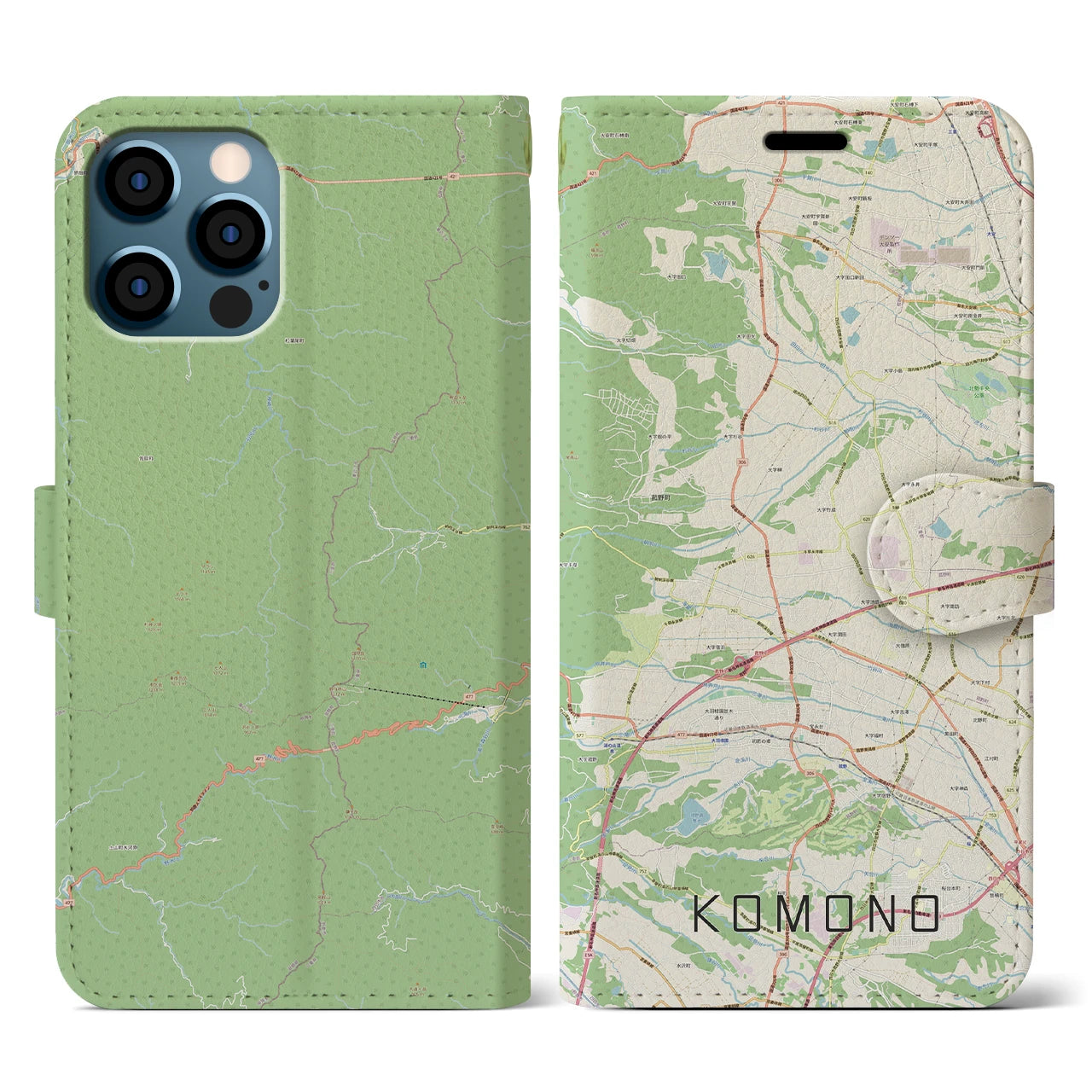 【菰野(三重県)】地図柄iPhoneケース(手帳タイプ)ナチュラル・iPhone 12 / 12 Pro 用