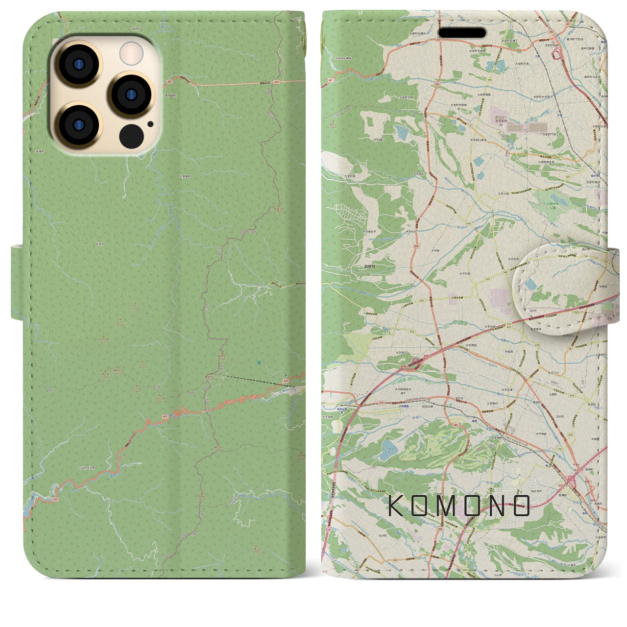 【菰野(三重県)】地図柄iPhoneケース(手帳タイプ)ナチュラル・iPhone 12 Pro Max 用