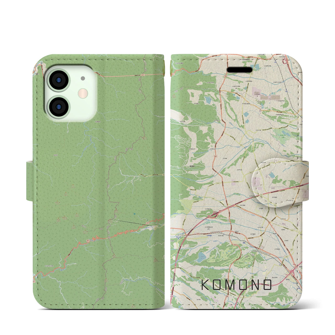 【菰野(三重県)】地図柄iPhoneケース(手帳タイプ)ナチュラル・iPhone 12 mini 用