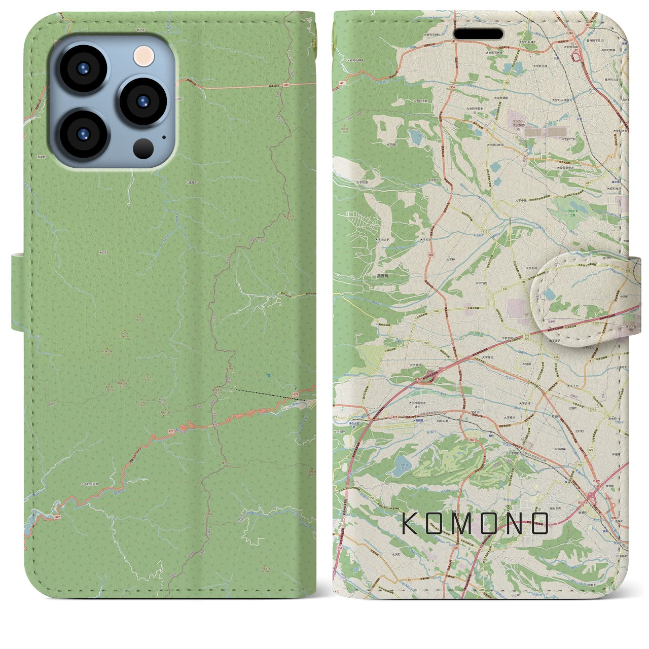 【菰野(三重県)】地図柄iPhoneケース(手帳タイプ)ナチュラル・iPhone 13 Pro Max 用
