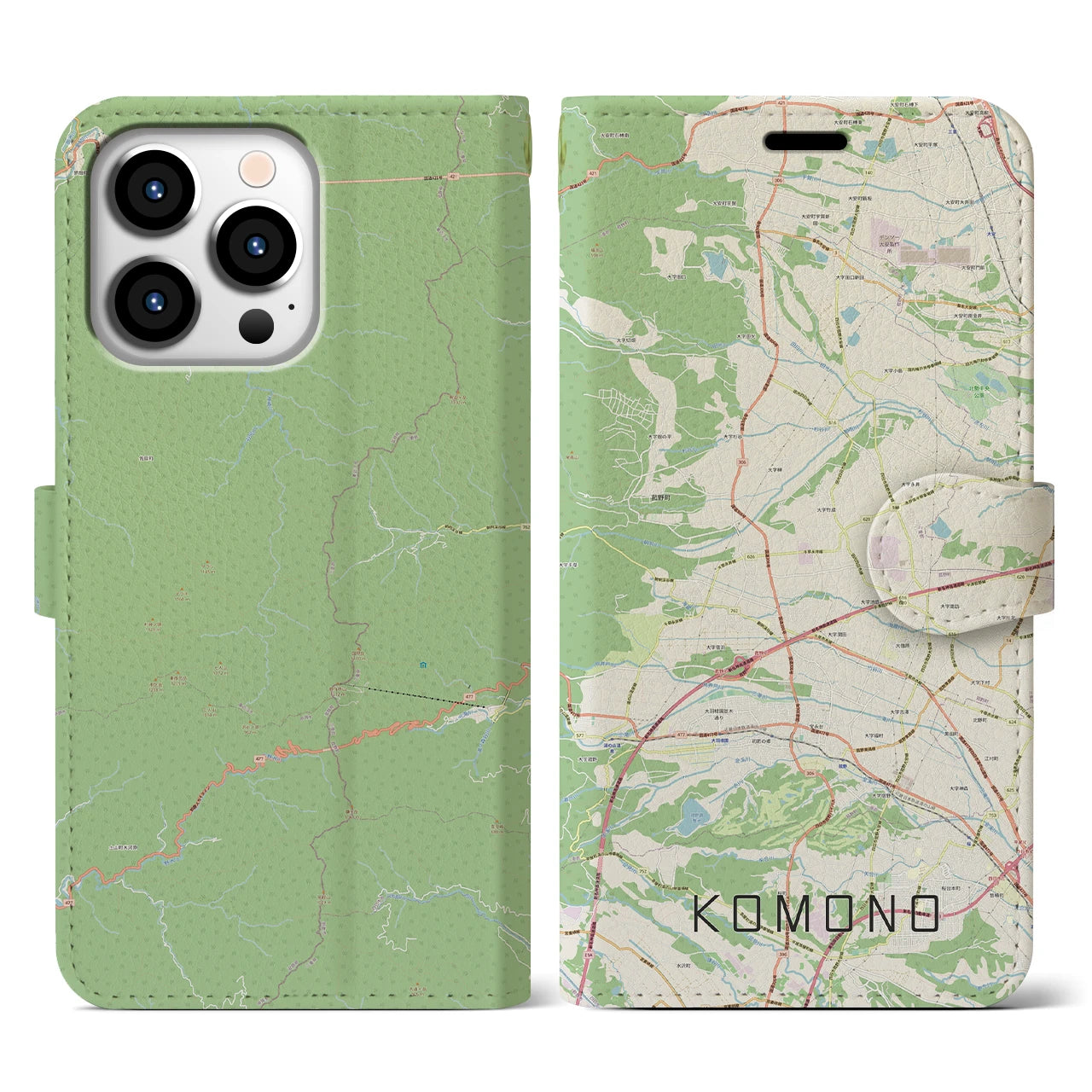 【菰野(三重県)】地図柄iPhoneケース(手帳タイプ)ナチュラル・iPhone 13 Pro 用