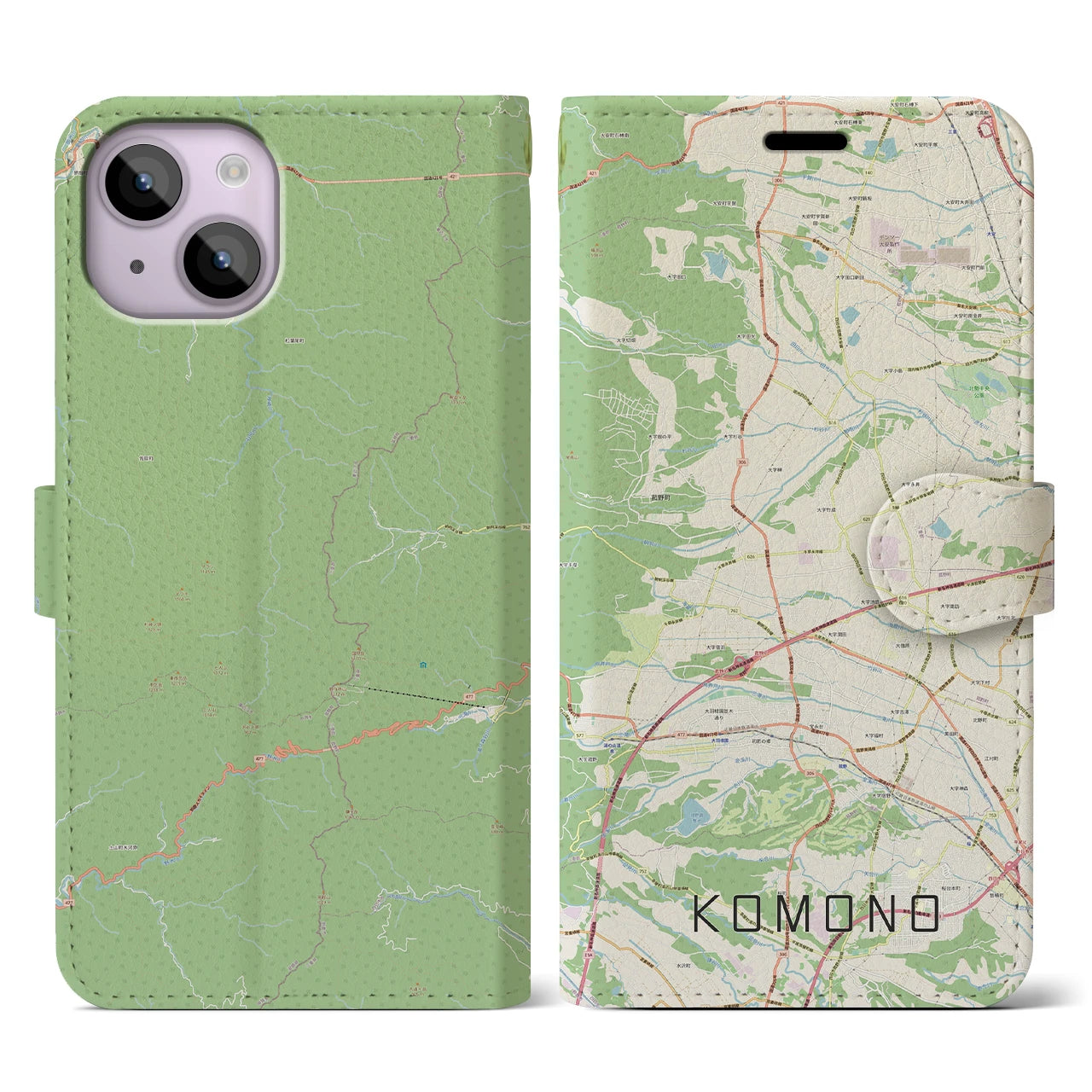 【菰野(三重県)】地図柄iPhoneケース(手帳タイプ)ナチュラル・iPhone 14 用