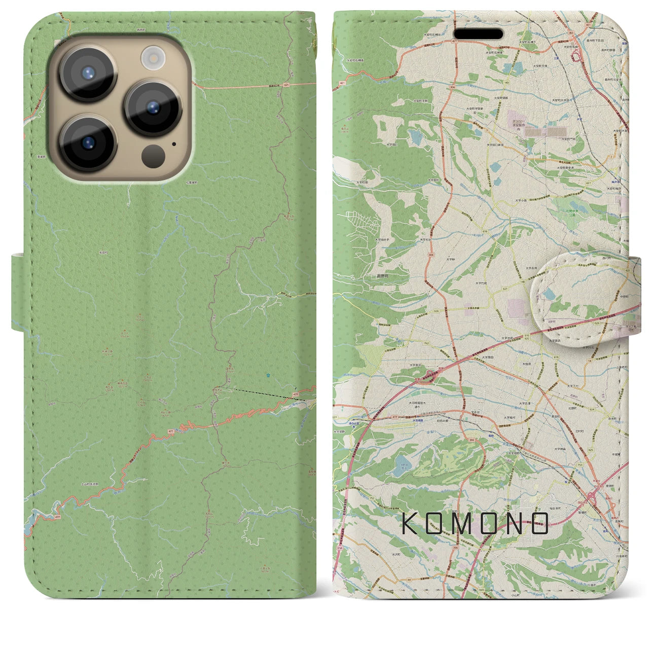 【菰野(三重県)】地図柄iPhoneケース(手帳タイプ)ナチュラル・iPhone 14 Pro Max 用