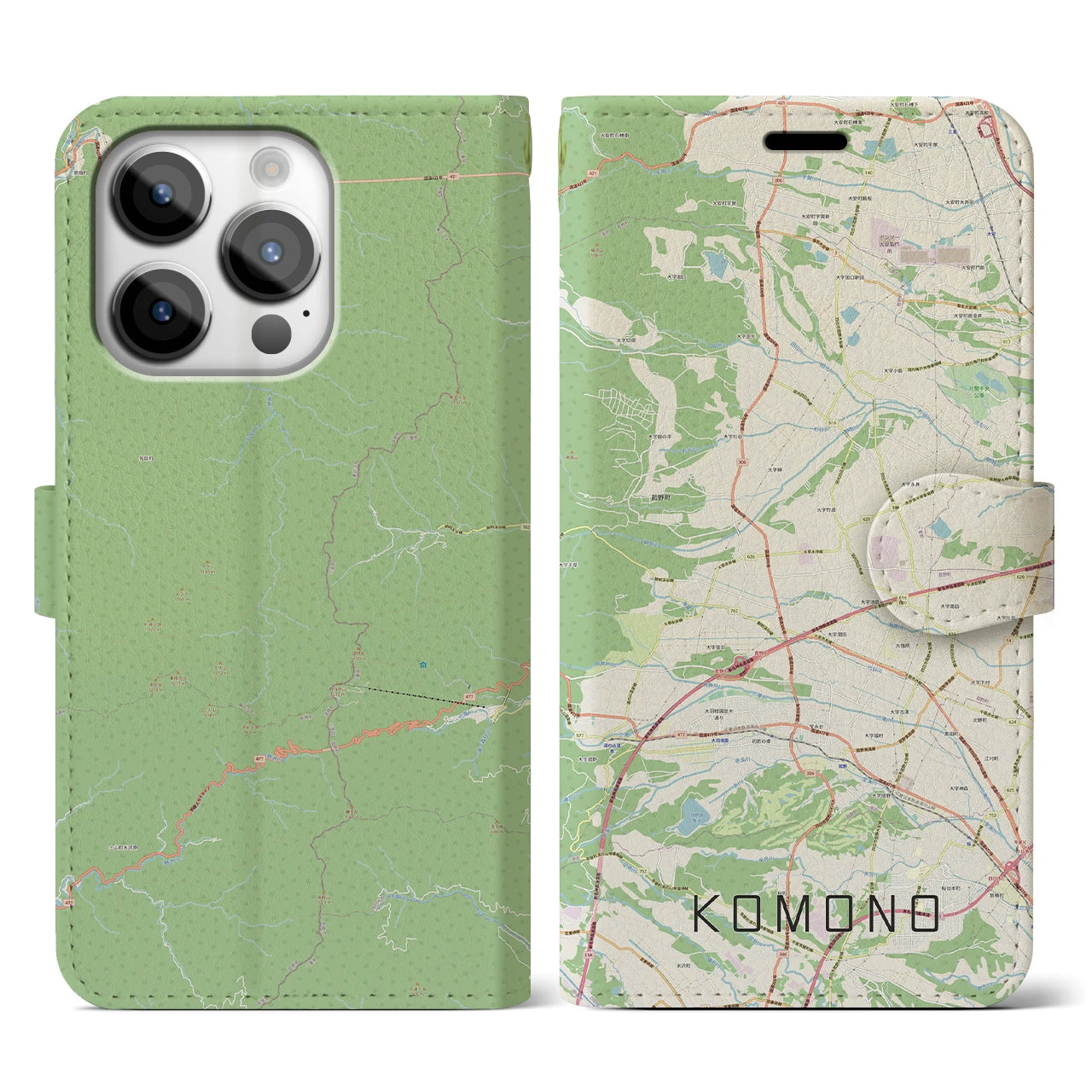 【菰野(三重県)】地図柄iPhoneケース(手帳タイプ)ナチュラル・iPhone 14 Pro 用