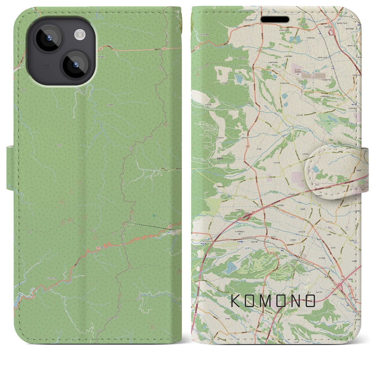 【菰野(三重県)】地図柄iPhoneケース(手帳タイプ)ナチュラル・iPhone 14 Plus 用