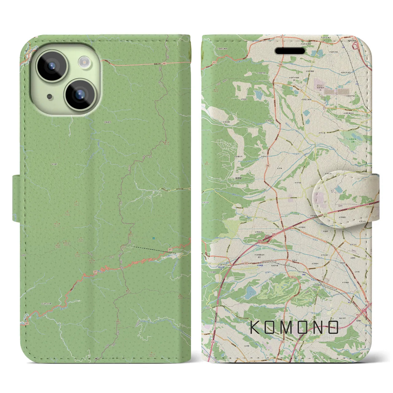 【菰野(三重県)】地図柄iPhoneケース(手帳タイプ)ナチュラル・iPhone 15 用