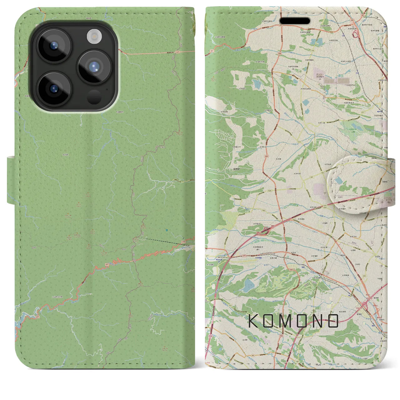 【菰野(三重県)】地図柄iPhoneケース(手帳タイプ)ナチュラル・iPhone 15 Pro Max 用