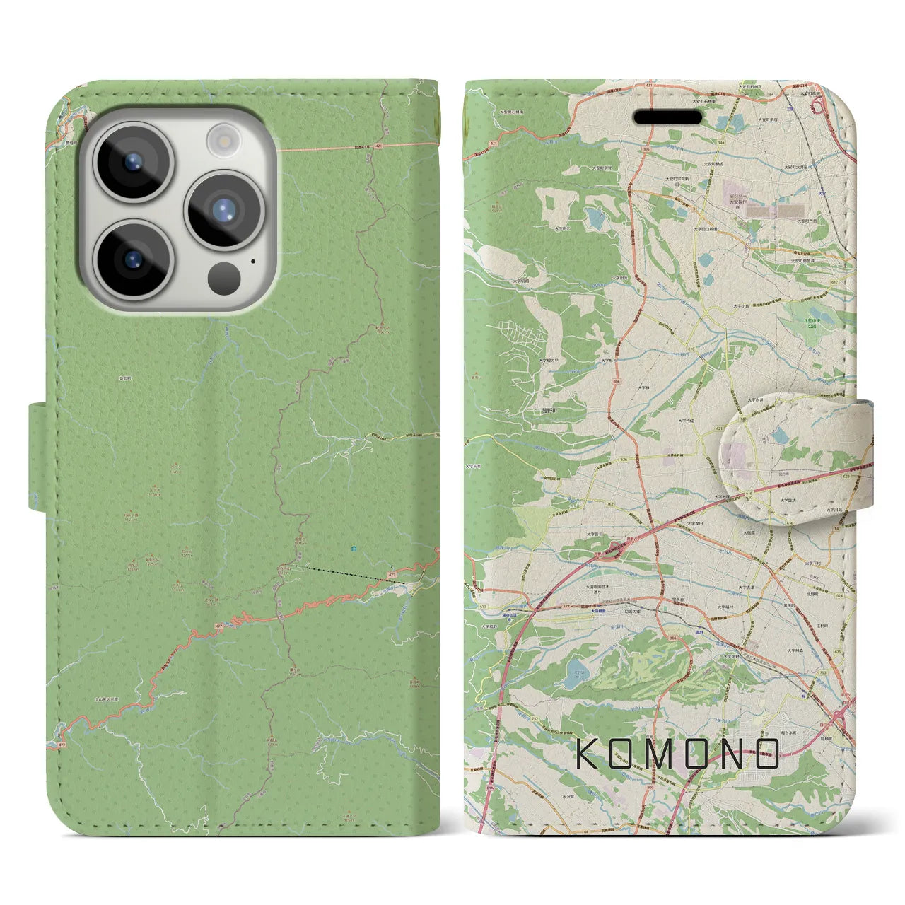 【菰野(三重県)】地図柄iPhoneケース(手帳タイプ)ナチュラル・iPhone 15 Pro 用
