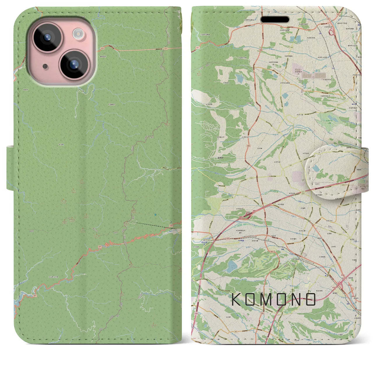 【菰野(三重県)】地図柄iPhoneケース(手帳タイプ)ナチュラル・iPhone 15 Plus 用