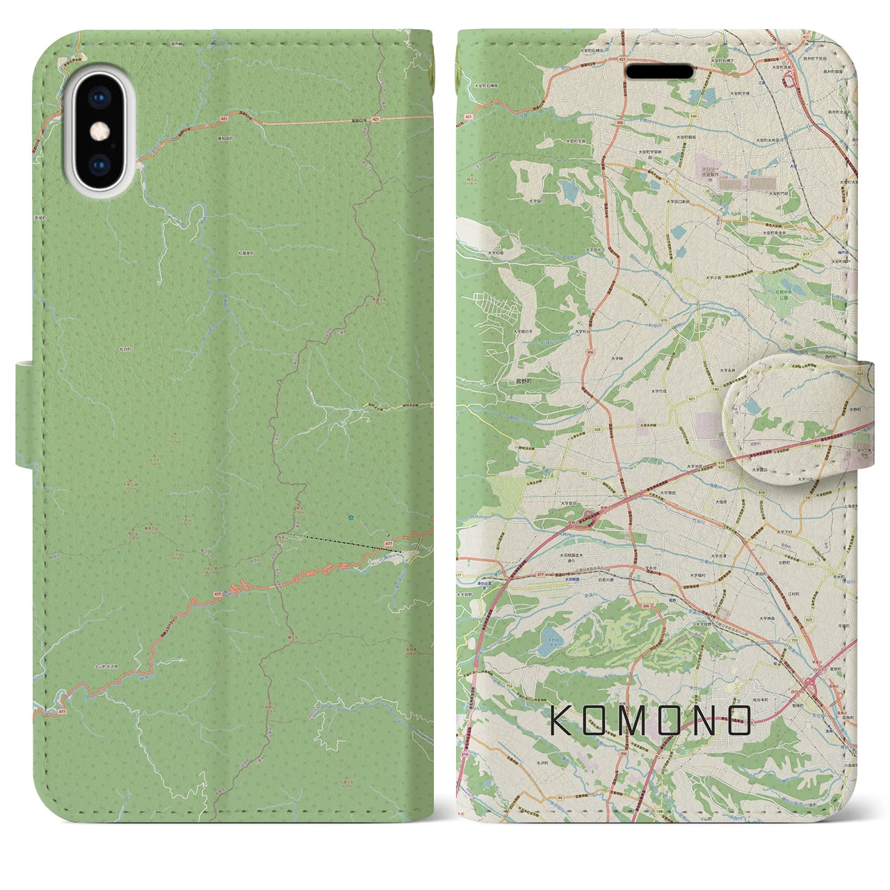 【菰野(三重県)】地図柄iPhoneケース(手帳タイプ)ナチュラル・iPhone XS Max 用