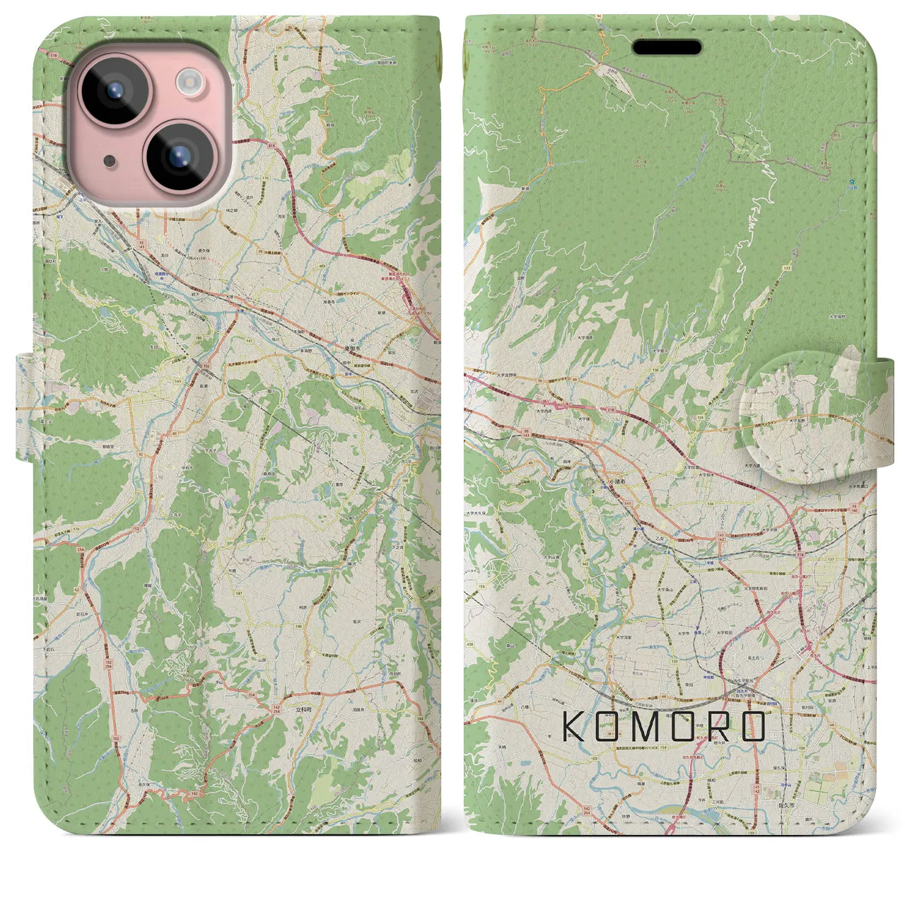 【小諸(長野県)】地図柄iPhoneケース(手帳タイプ)ナチュラル・iPhone 15 Plus 用