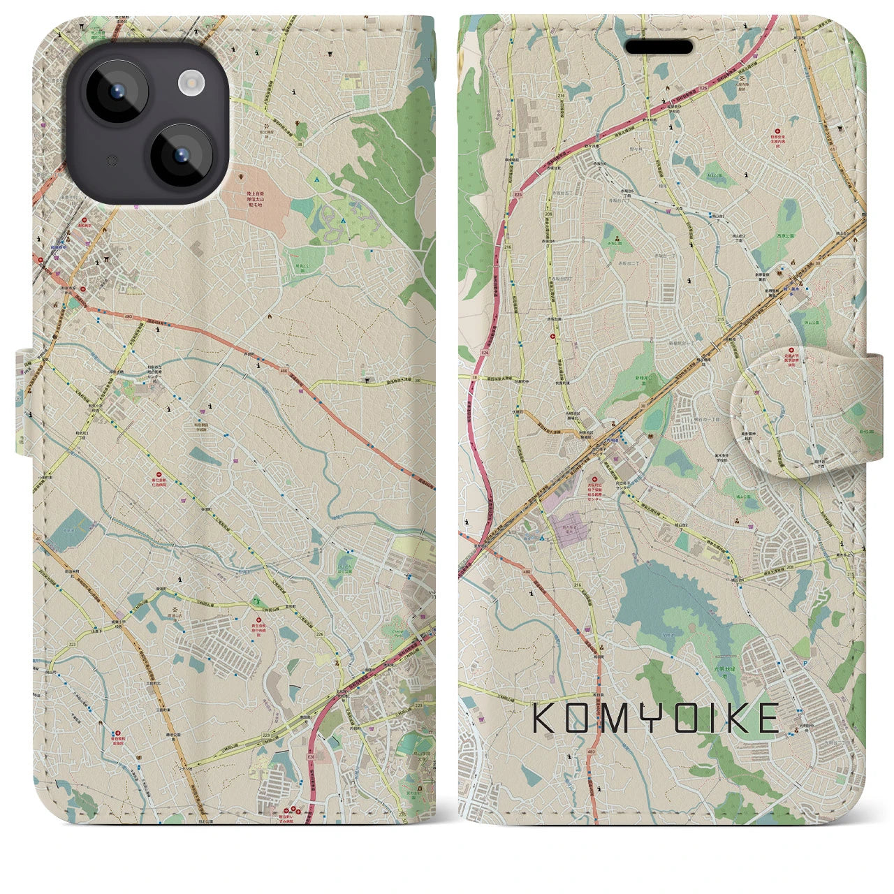 【光明池(大阪府)】地図柄iPhoneケース(手帳タイプ)ナチュラル・iPhone 14 Plus 用