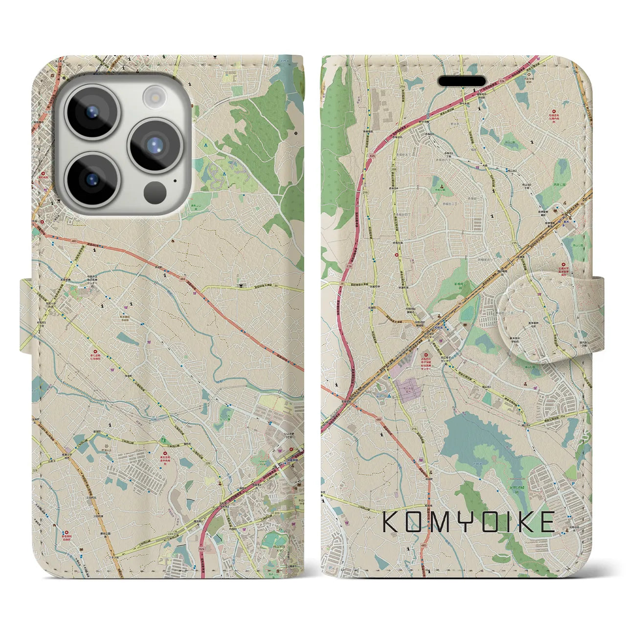 【光明池(大阪府)】地図柄iPhoneケース(手帳タイプ)ナチュラル・iPhone 15 Pro 用
