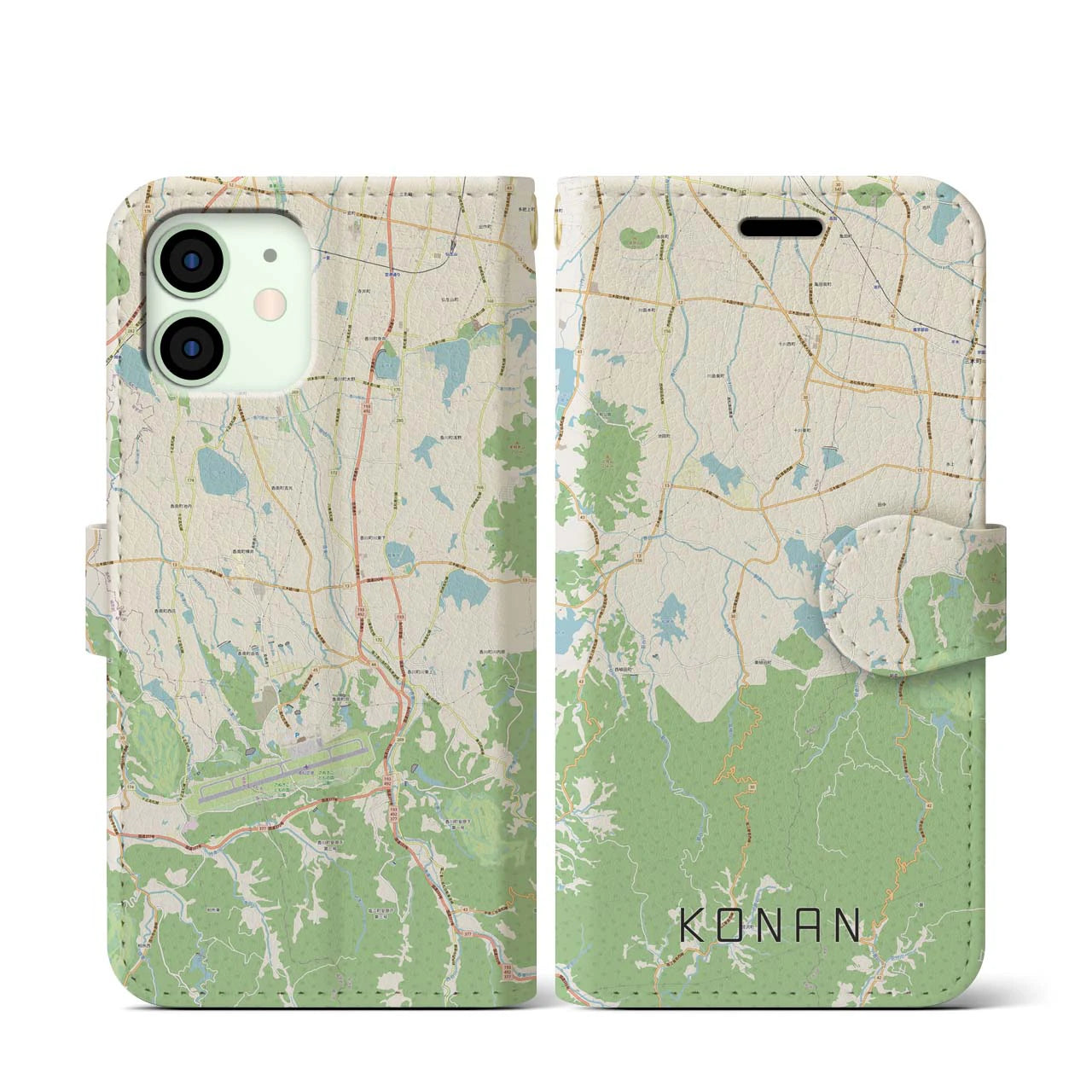 【香南(香川県)】地図柄iPhoneケース(手帳タイプ)ナチュラル・iPhone 12 mini 用