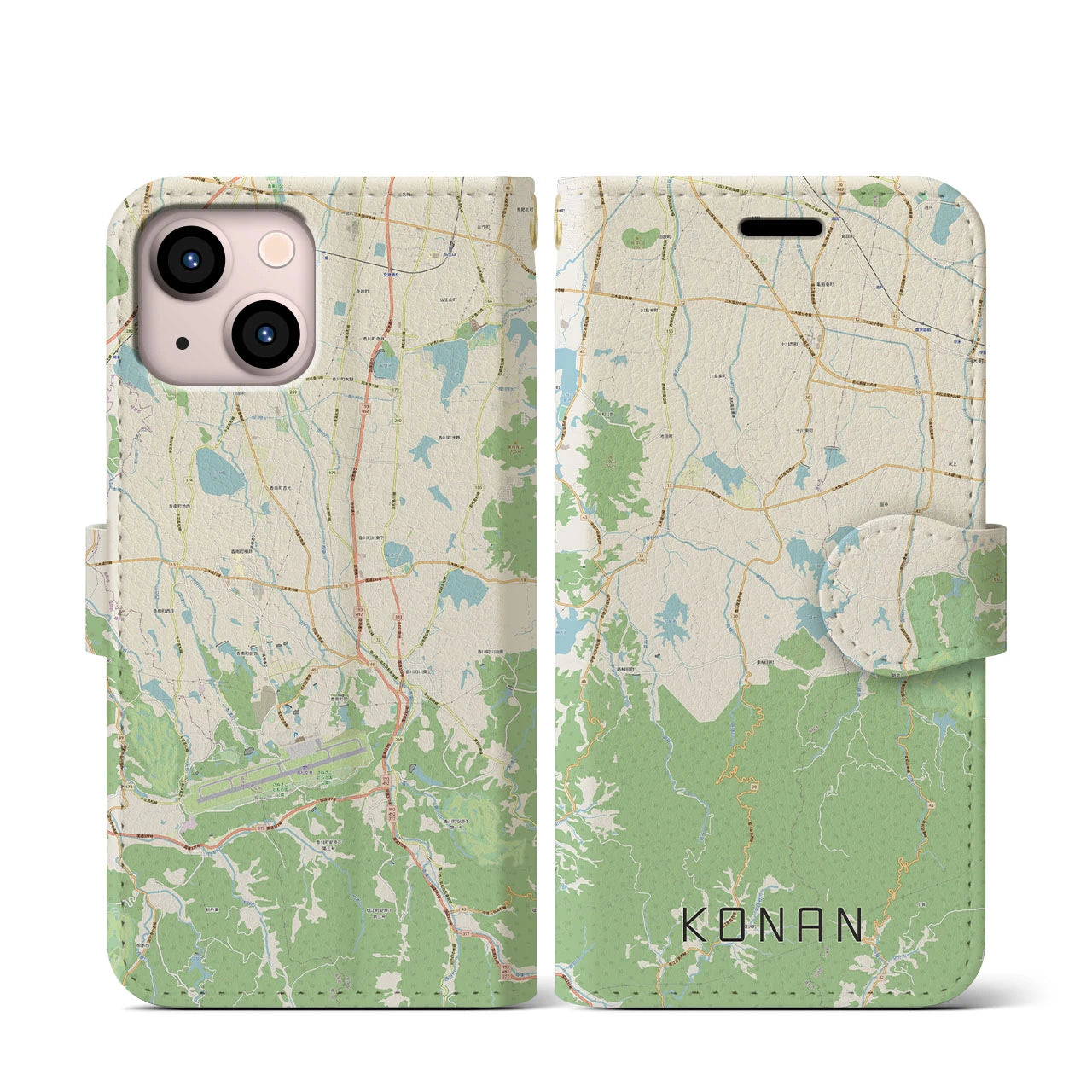 【香南(香川県)】地図柄iPhoneケース(手帳タイプ)ナチュラル・iPhone 13 mini 用
