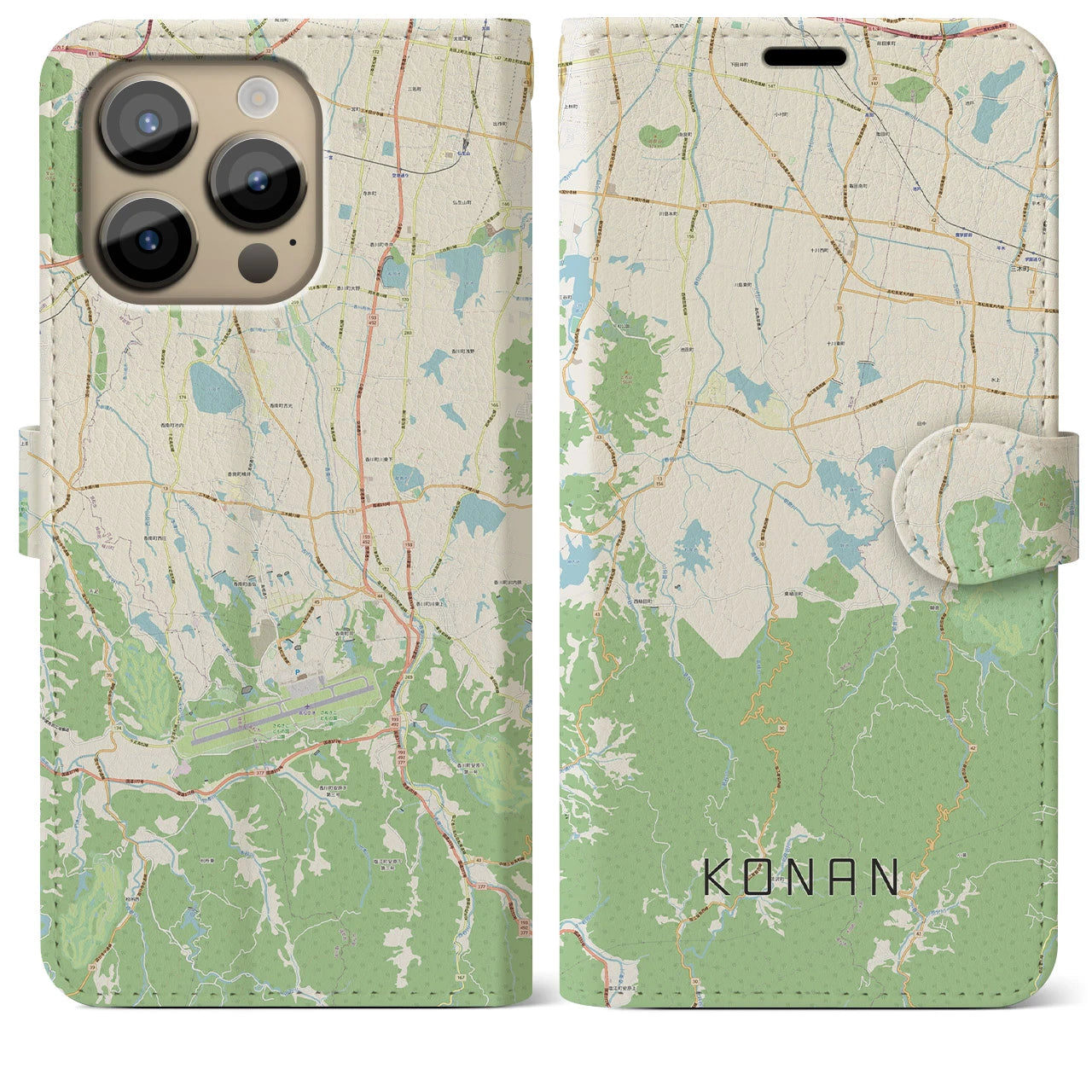 【香南(香川県)】地図柄iPhoneケース(手帳タイプ)ナチュラル・iPhone 14 Pro Max 用
