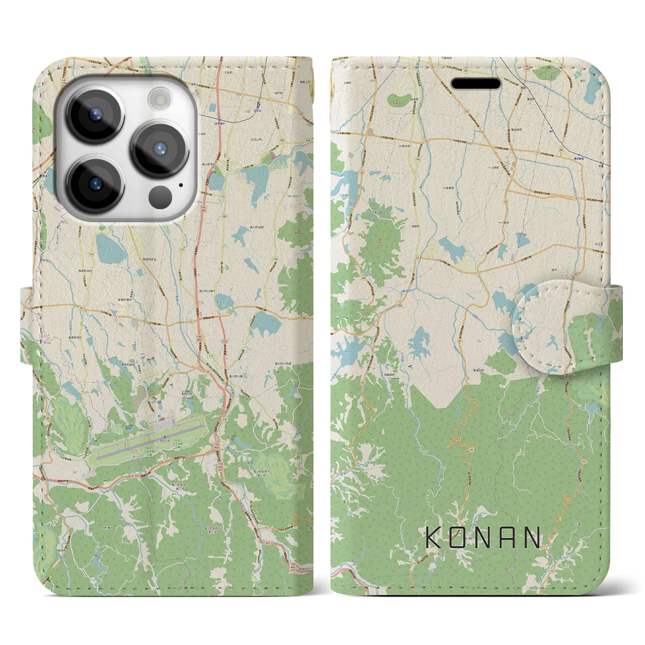 【香南(香川県)】地図柄iPhoneケース(手帳タイプ)ナチュラル・iPhone 14 Pro 用