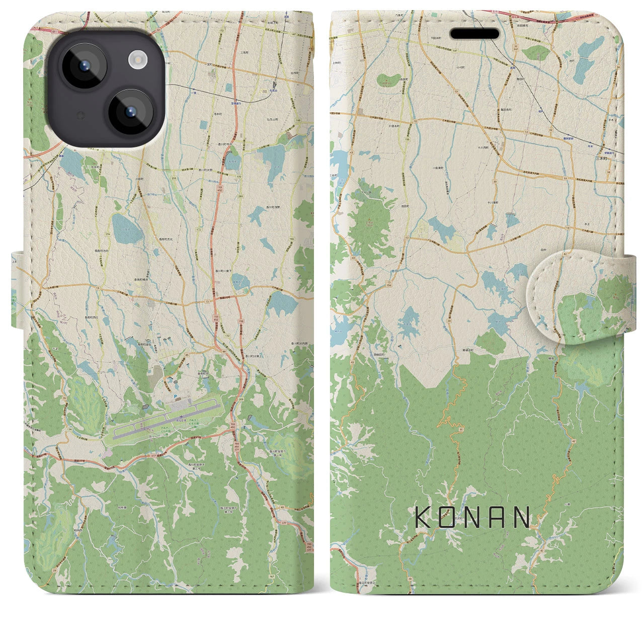 【香南(香川県)】地図柄iPhoneケース(手帳タイプ)ナチュラル・iPhone 14 Plus 用