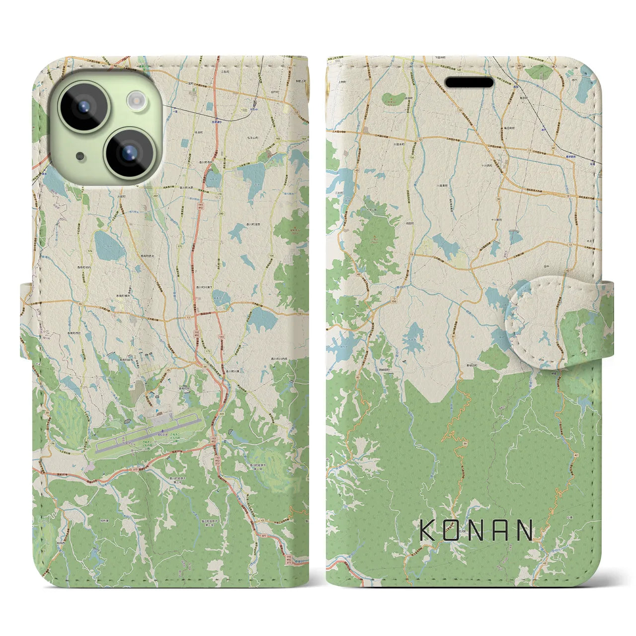 【香南(香川県)】地図柄iPhoneケース(手帳タイプ)ナチュラル・iPhone 15 用