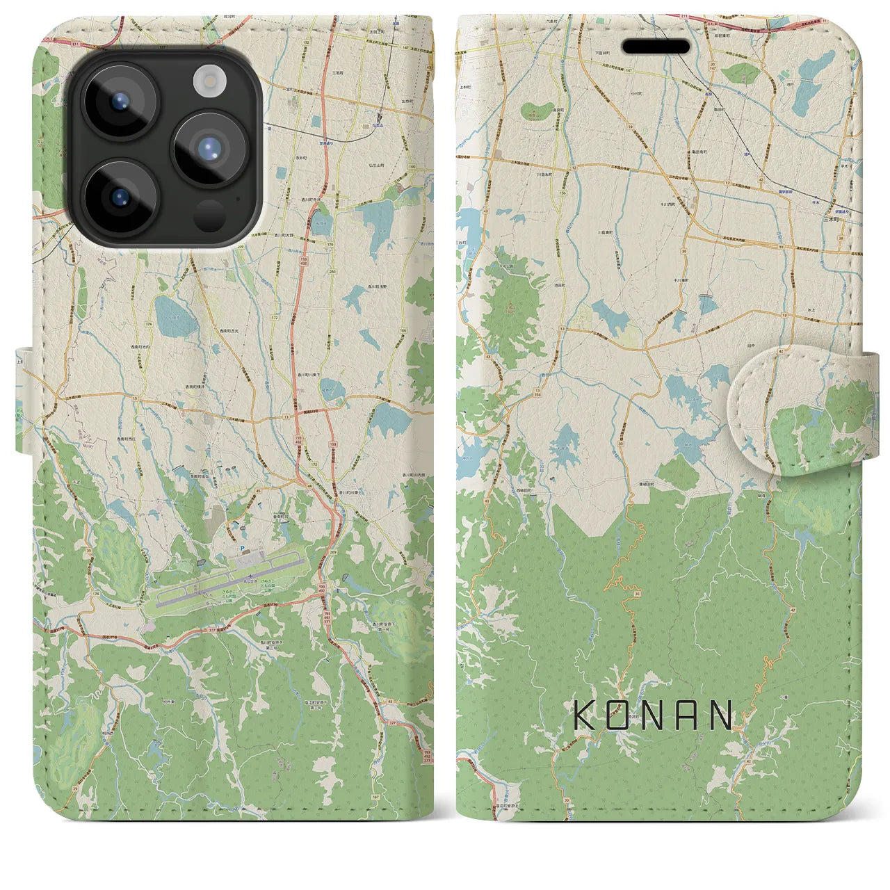 【香南(香川県)】地図柄iPhoneケース(手帳タイプ)ナチュラル・iPhone 15 Pro Max 用