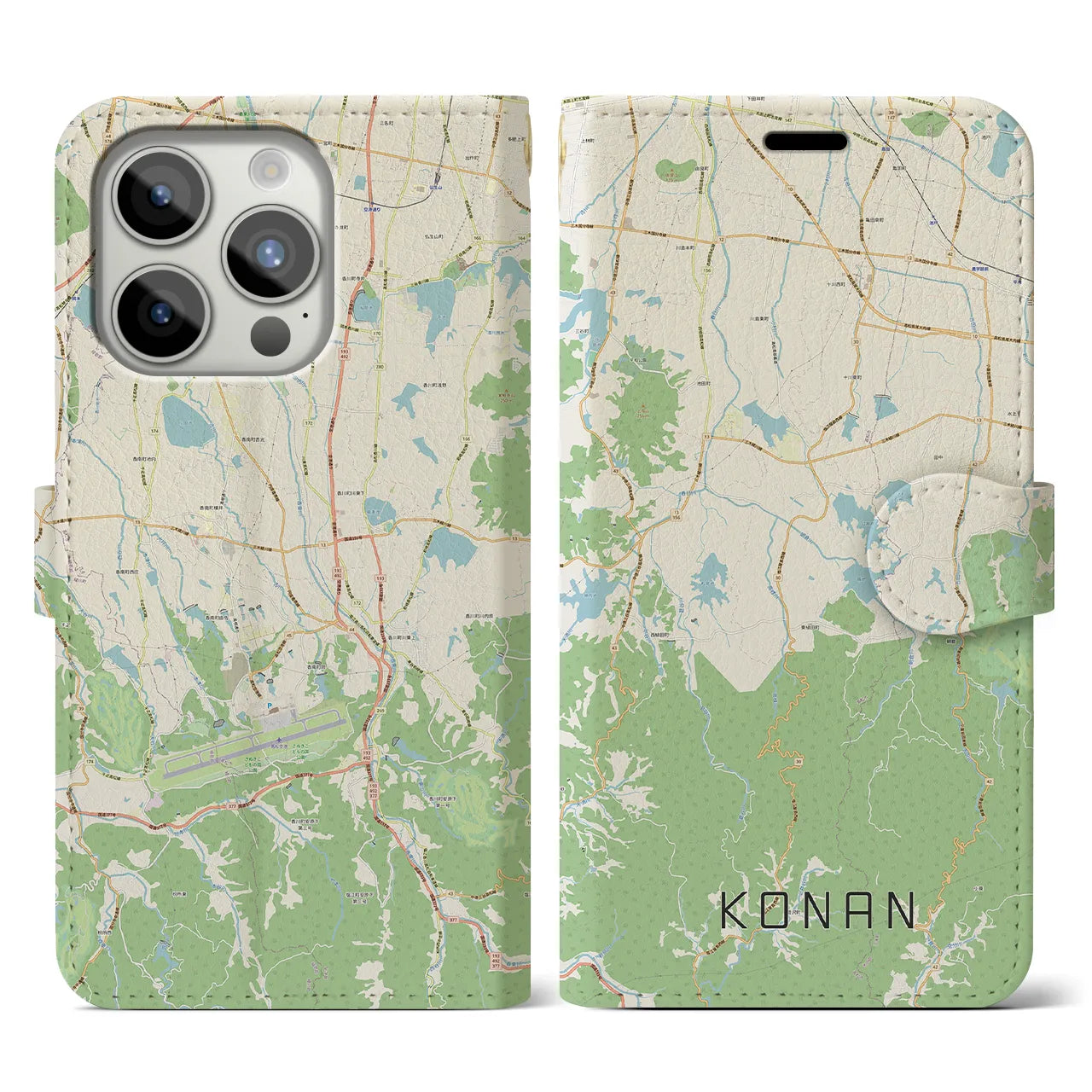 【香南(香川県)】地図柄iPhoneケース(手帳タイプ)ナチュラル・iPhone 15 Pro 用