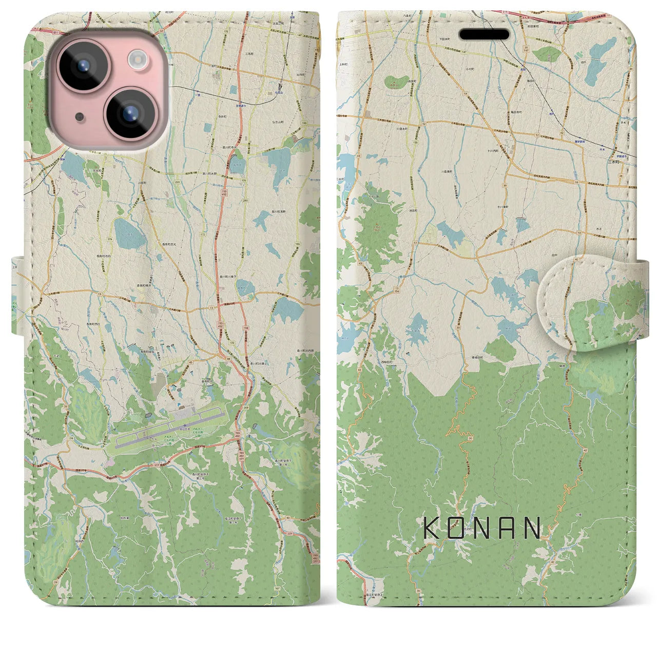 【香南(香川県)】地図柄iPhoneケース(手帳タイプ)ナチュラル・iPhone 15 Plus 用
